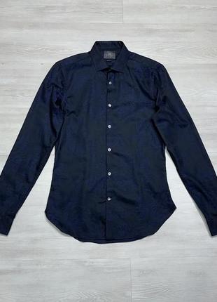 Moss london premium брендовая темно-синяя мужская приталенная кэжуал рубашка