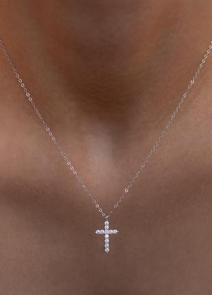 Срібний s925 хрестик з камінчиками мусанітами ( діамантовий блиск) на ланцюжку, хрестик тіфані подарунок дівчині2 фото
