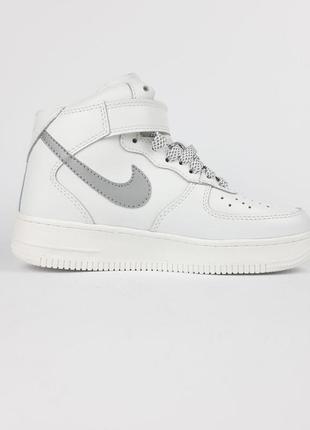 Nike air force 1 высокие белые с серым кроссовки женские кожаные топ качество зимние с мехом ботинки сапоги высокие теплые найк форс5 фото