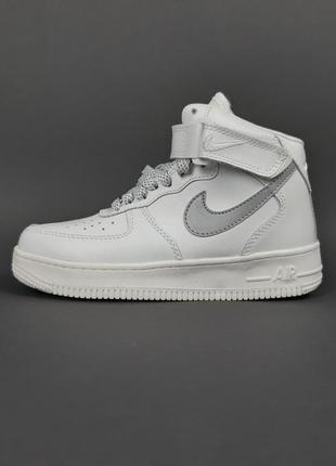 Nike air force 1 высокие белые с серым кроссовки женские кожаные топ качество зимние с мехом ботинки сапоги высокие теплые найк форс