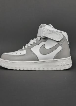 Nike air force 1 высокие белые с серым кроссовки женские кожаные топ качество зимние с мехом ботинки сапоги высокие теплые найк форс кожаные1 фото