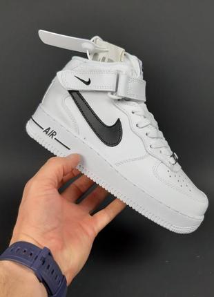 Nike air force 1 высокие белые с черным кроссовки женские кожаные топ качество зимние с мехом ботинки сапоги высокие теплые найк форс зима кожаные2 фото