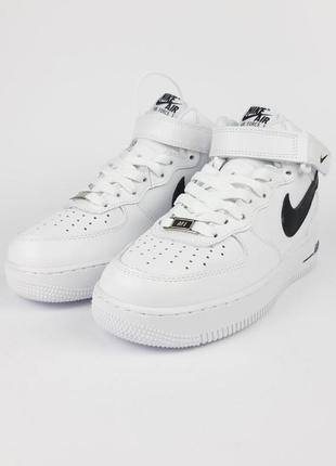 Nike air force 1 высокие белые с черным кроссовки женские кожаные топ качество зимние с мехом ботинки сапоги высокие теплые найк форс зима кожаные8 фото