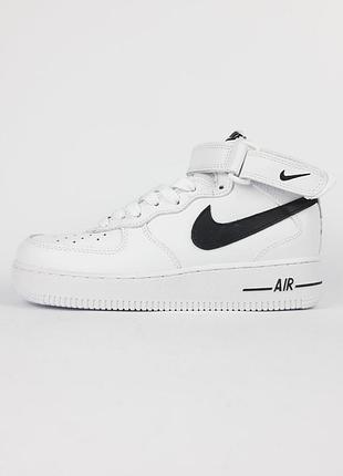 Nike air force 1 высокие белые с черным кроссовки женские кожаные топ качество зимние с мехом ботинки сапоги высокие теплые найк форс зима кожаные
