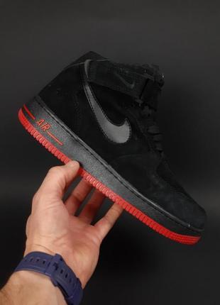 Nike air force 1 високі чорні з червоним кросівки чоловічі замшеві зимові з хутром топ якість зима ботінки сапоги високі теплі найк форс