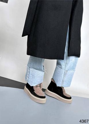 Лоферы женские черные замшевые ботинки зимние3 фото