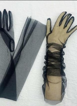 Длинные черные фатиновые перчатки1 фото