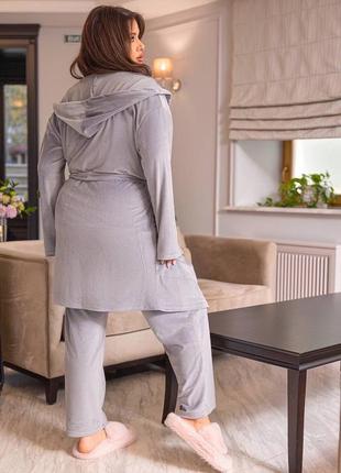 Жіночий велюровий домашній комплект великих розмірів❤️ костюм халат + футболка + штани зручний2 фото