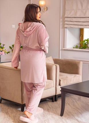 Женский велюровый домашний комплект больших размеров❤️ костюм халат + футболка + штаны удобный3 фото