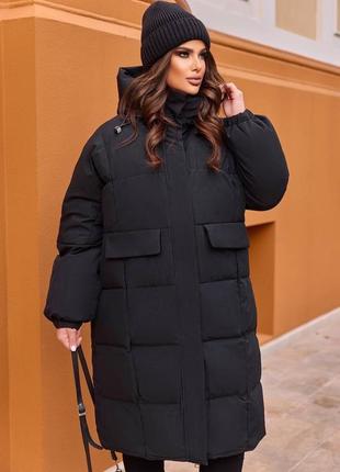 Женская теплая оверсайз куртка удлиненная батал больших размеров качественная стильная до -302 фото