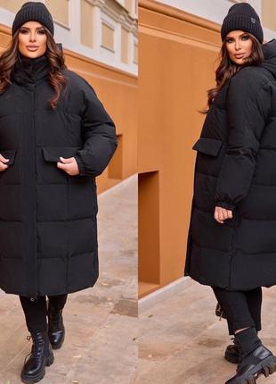 Женская теплая оверсайз куртка удлиненная батал больших размеров качественная стильная до -303 фото