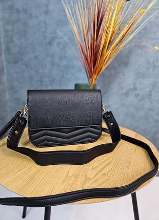 Черная сумка женская из зернистой экокожи, сумочка с длинным ремешком, сумка на 2 отделения женская сумочка