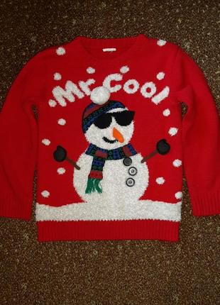 Красный новогодний рождественский свитер с снеговиком1 фото