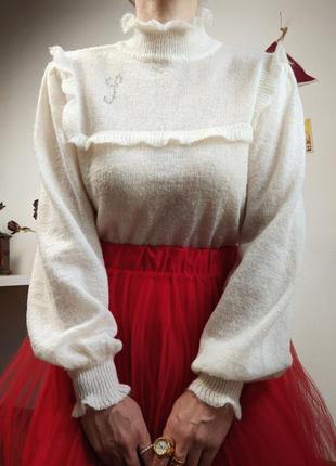 Кофта свитер мохер шерсть винтажная вязанная объемные рукава горло стойка рюши s m1 фото