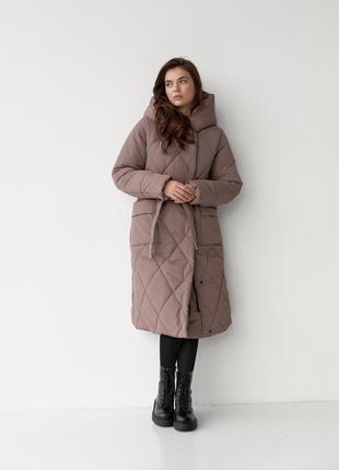 Зимнее пальто куртка с накладными карманами с поясом капюшоном7 фото