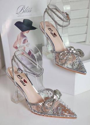 Туфлі стильні прозорі туфельки бантики босоніжки трендові босоніжки з бантом зі страз туфли стильные босоножки