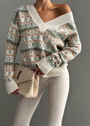 Стильный женский свитер с узором трендовый вязаный с v вырезом3 фото