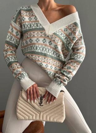 Стильный женский свитер с узором трендовый вязаный с v вырезом6 фото