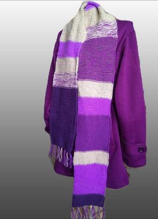 Модный женский вязаный шарф handmadе сиреневый бежевый фиолетовый/теплый шарфик с кисточками2 фото