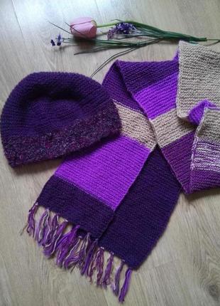 Модний жіночий в'язаний шарф handmadе бузковий бежевий фіолетовий/теплий шарфик з китицями8 фото