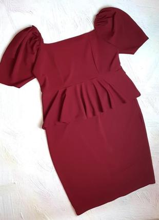 Шикарное бордовое платье-миди с баской boohoo, размер 56 - 58