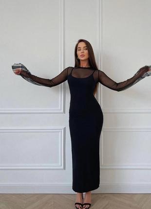 Неймовірний комплект сукня сітка з довгими рукавами по фігурі довга максі двійка костюм5 фото