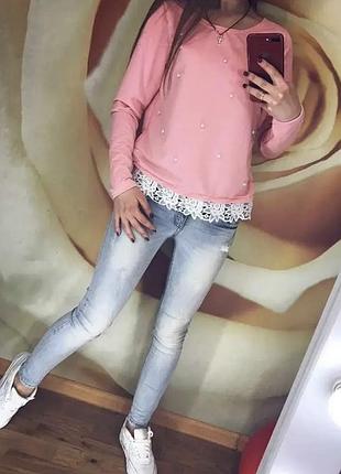 Трикотажная кофта с бусинами и кружевом xs/s