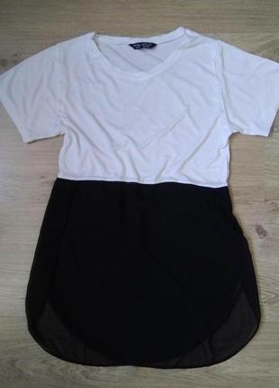 Универсальная белая футболка select с черным прозрачным низом/подростковая блуза