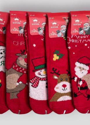 Червоні новорічні шкарпетки з оленем дід морозом сантою сніговиком носки шерстяні термо корона