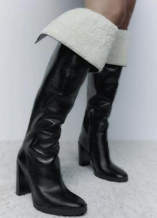 Leather high-heel over-the-knee boots with faux shearling interior black zara в розмірі 40