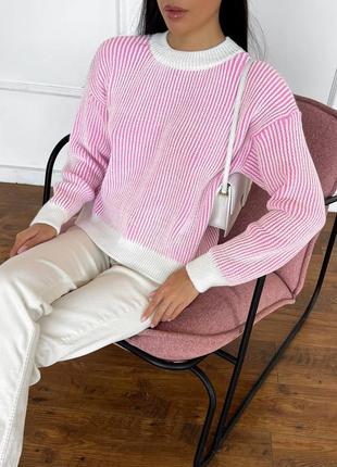 Теплый свитер вязаный с оверсайз свитер розовый с белым6 фото