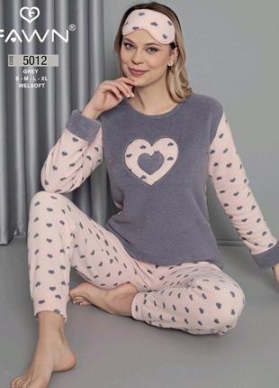 Теплая пижама с сердечком цвета пудры с серым🔥🔥🔥1 фото