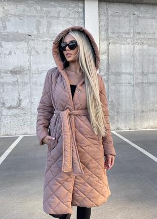Стильное теплое стеганое женское зимнее пальто-куртка с поясом ❄