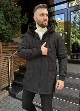 Куртка удлиненная мужская зима на молнии с капюшоном  нагрудные и накладные карманы рукав манжет ткань плащевка канада подклад искуственный мех2 фото