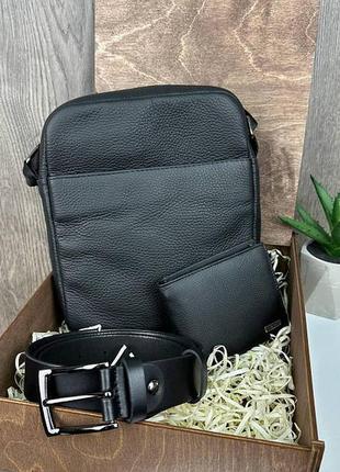 Подарочный набор подарок мужская кожаная сумка борсетка + кожаный ремень + кошелек портмоне из натуральной кожи, подарочный набор 3 в 1