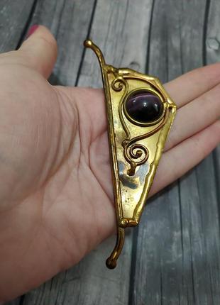 Большая брошь винтаж ручная работа металл кошачий глаз