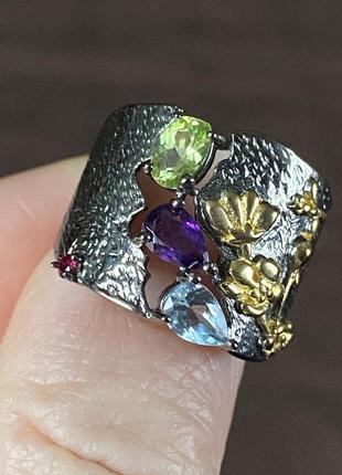 Серебряное кольцо кольца 925пробы «павлин» с изумрудами, сапфирами и рубинами.4 фото