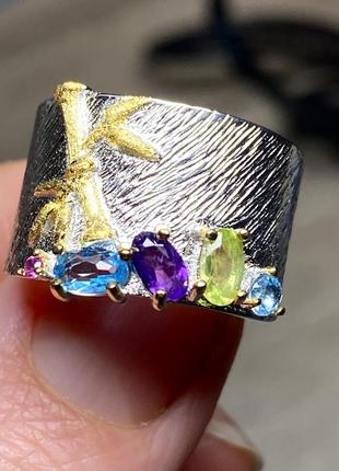 Серебряное кольцо кольца 925пробы «павлин» с изумрудами, сапфирами и рубинами.5 фото