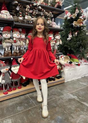 Красное новогоднее платье трикотажное для девочек с крыльями2 фото