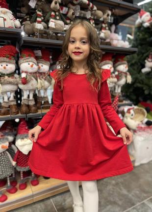 Красное новогоднее платье трикотажное для девочек с крыльями4 фото