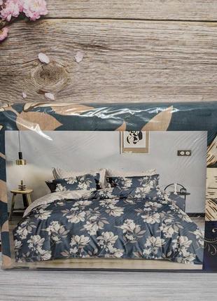 Комплект постельного белья полутораспальный цветы на бирюзово бежевом, двухцветный