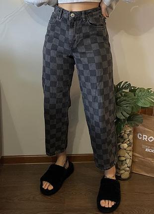 Джинси мом палацо в шахматку h&m 🩶🖤 - хс-м(на невисокий зріст)