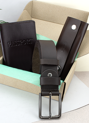 Кожаный мужской подарочный набор ремень обложка ключница