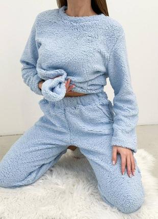 Домашний костюм-пижама женская теплая меховая белая, серая, голубая (ткань травка) xs-xxl3 фото