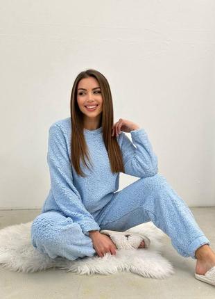 Домашний костюм-пижама женская теплая меховая белая, серая, голубая (ткань травка) xs-xxl