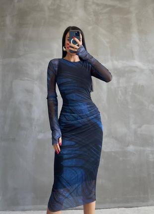 Zara платье миди сетка с подкладом синяя черная s m l2 фото