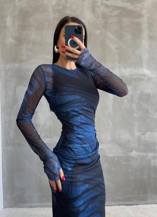 Zara платье миди сетка с подкладом синяя черная s m l3 фото
