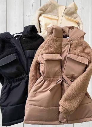 Зимова куртка жіноча з капюшоном та затяжкою на талії, хутро тедді барашек та силікон. зимняя куртка