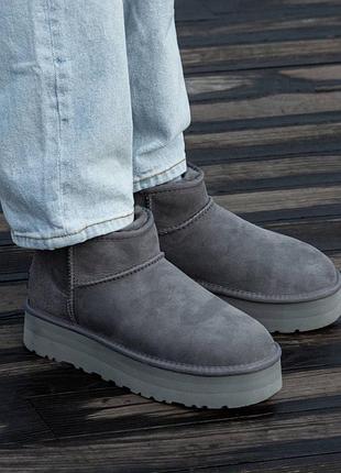 Женские угги серые ультра мини на платформе ugg ultra mini grey platform, жэнкие угги на платформе серое, угги ультра мины сереы