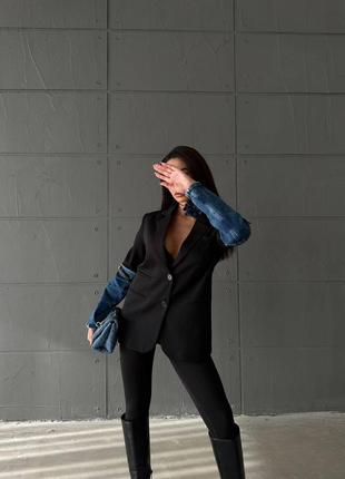 Комбинированный жакет пиджак с джинсовыми рукавами3 фото